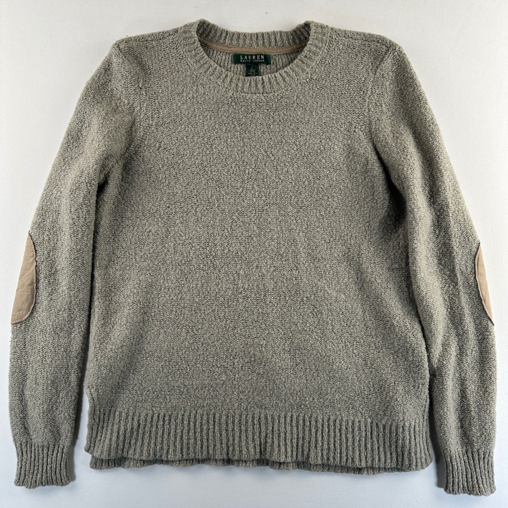 Lauren Ralph Lauren Women's Wool Blend Sweater Elbow Patches Crew Designer Taupe